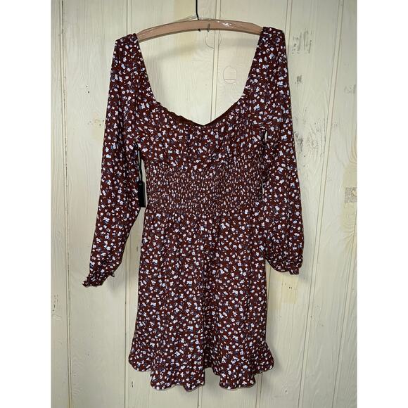 Boho Babydoll Size Large Mini DRESS Smocked Brown Blue Floral Square Neck NEW - Picture 7 of 11